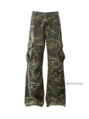 Camo Cargo Jeans Baggy Wide Leg Ripped Denim Streetwear Pants
